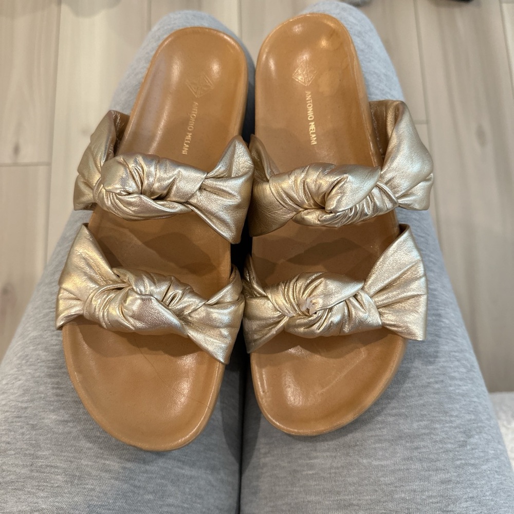 gold knotted leather slides